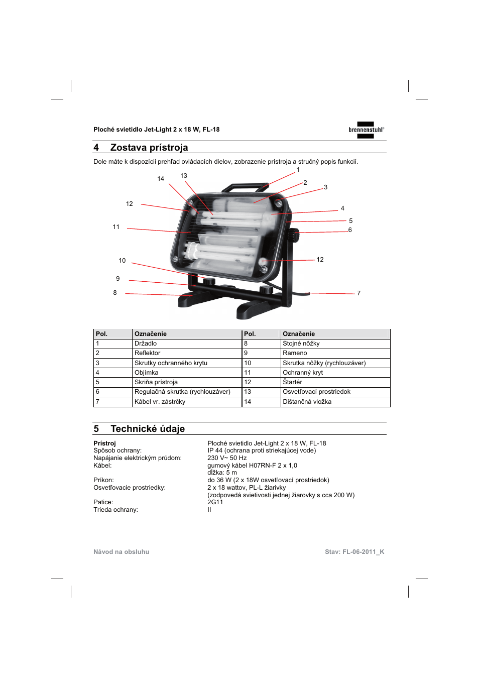 4 zostava prístroja, 5 technické údaje | Brennenstuhl Flat Light Jet-Light 36Watt IP44 5m H07RN-F 2x1,0 2x18W 2x1200lm Energy efficiency class B User Manual | Page 60 / 64