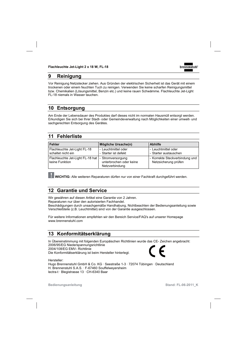 9 reinigung, 10 entsorgung, 11 fehlerliste | 12 garantie und service, 13 konformitätserklärung | Brennenstuhl Flat Light Jet-Light 36Watt IP44 5m H07RN-F 2x1,0 2x18W 2x1200lm Energy efficiency class B User Manual | Page 7 / 64