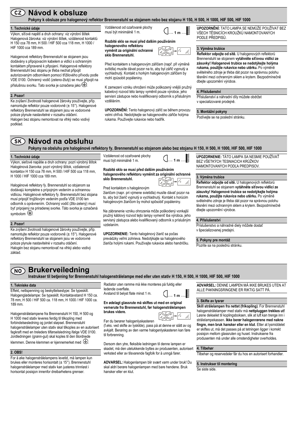 Návod k obsluze, Návod na obsluhu, Brukerveiledning | Brennenstuhl Halogen Floodlight H 1000 N IP65 1000W User Manual | Page 7 / 8