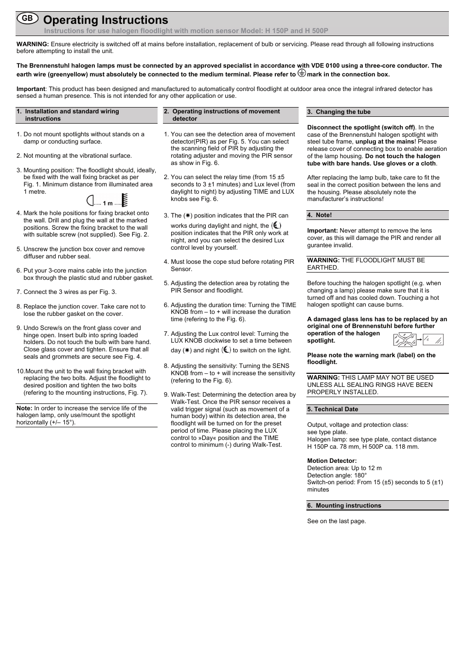Operating instructions | Brennenstuhl Halogen Light H 500 IP44 with PIR sensor 400W 8545lm black Energy efficiency class C User Manual | Page 2 / 16