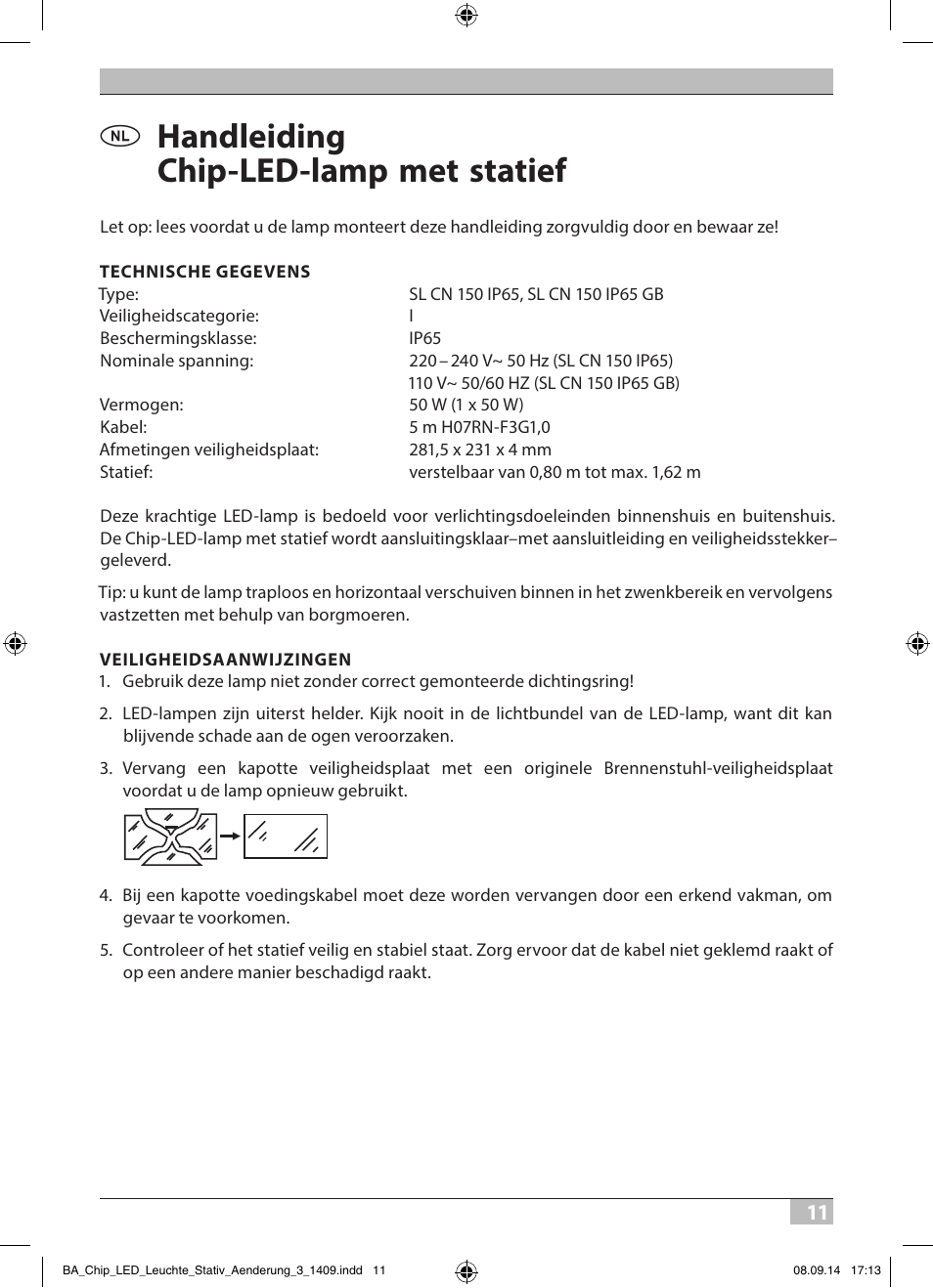 Handleiding chip-led-lamp met statief | Brennenstuhl COB LED Light SL CN 150 IP65 with tripod 5m H07RN-F 3G1,0 50W 3500lm Energy efficiency class A User Manual | Page 11 / 64