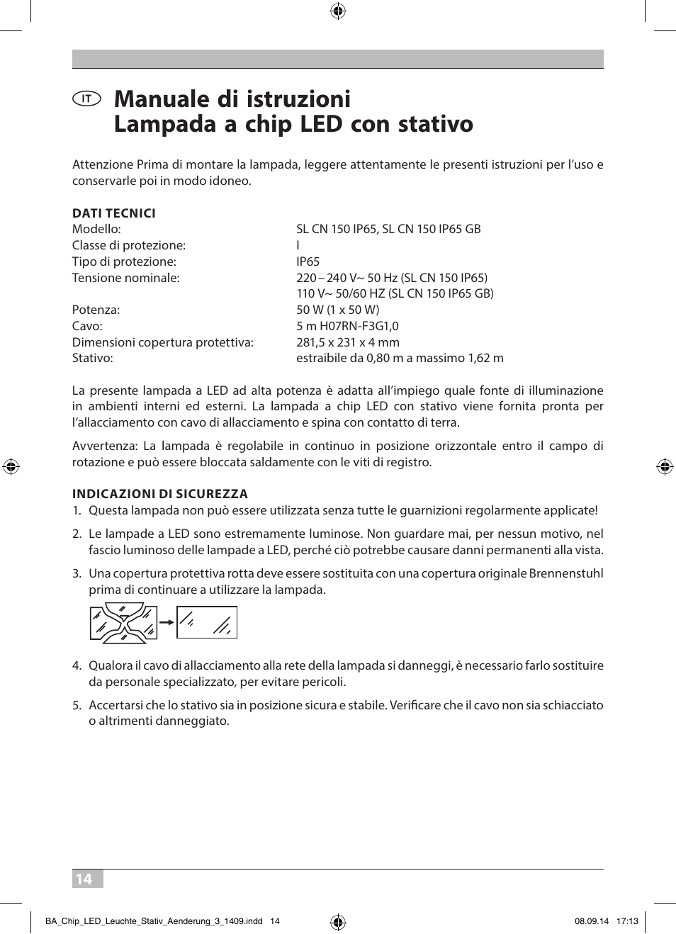 Brennenstuhl COB LED Light SL CN 150 IP65 with tripod 5m H07RN-F 3G1,0 50W 3500lm Energy efficiency class A User Manual | Page 14 / 64