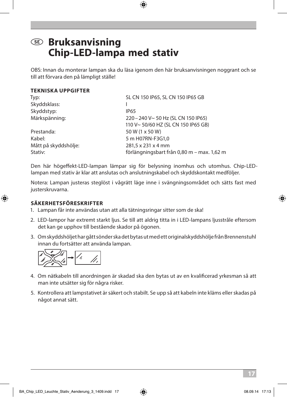 Bruksanvisning chip-led-lampa med stativ | Brennenstuhl COB LED Light SL CN 150 IP65 with tripod 5m H07RN-F 3G1,0 50W 3500lm Energy efficiency class A User Manual | Page 17 / 64