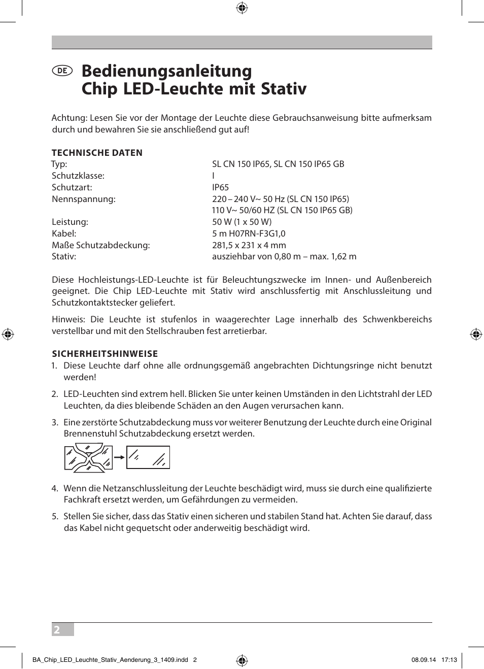 Bedienungsanleitung chip led-leuchte mit stativ | Brennenstuhl COB LED Light SL CN 150 IP65 with tripod 5m H07RN-F 3G1,0 50W 3500lm Energy efficiency class A User Manual | Page 2 / 64