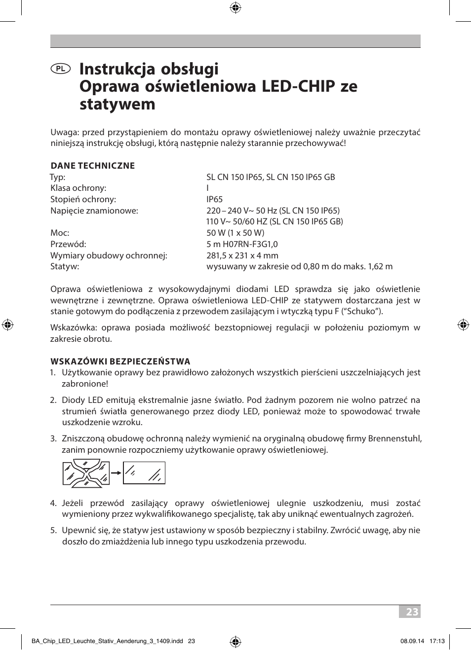 Brennenstuhl COB LED Light SL CN 150 IP65 with tripod 5m H07RN-F 3G1,0 50W 3500lm Energy efficiency class A User Manual | Page 23 / 64