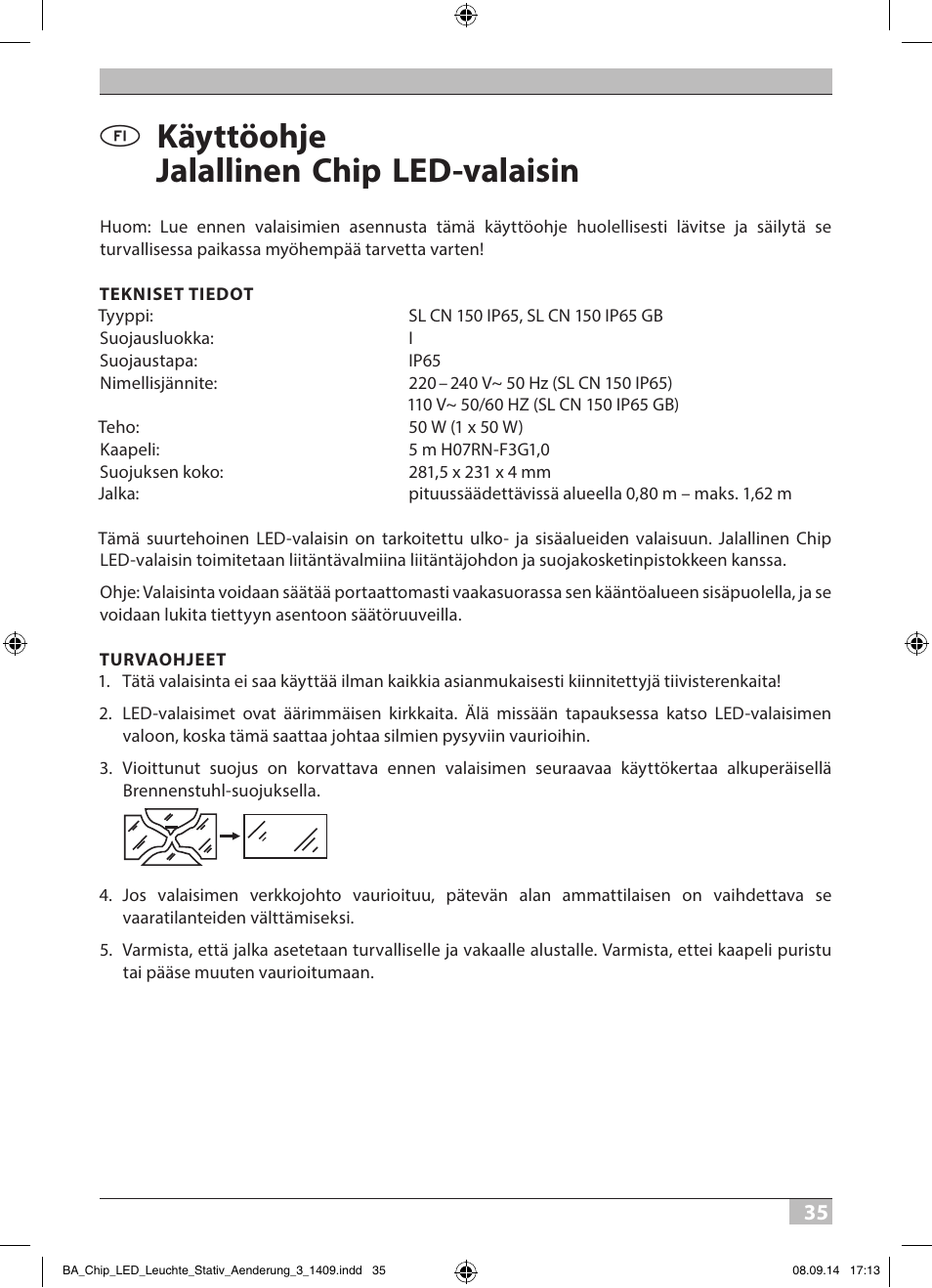 Käyttöohje jalallinen chip led-valaisin | Brennenstuhl COB LED Light SL CN 150 IP65 with tripod 5m H07RN-F 3G1,0 50W 3500lm Energy efficiency class A User Manual | Page 35 / 64