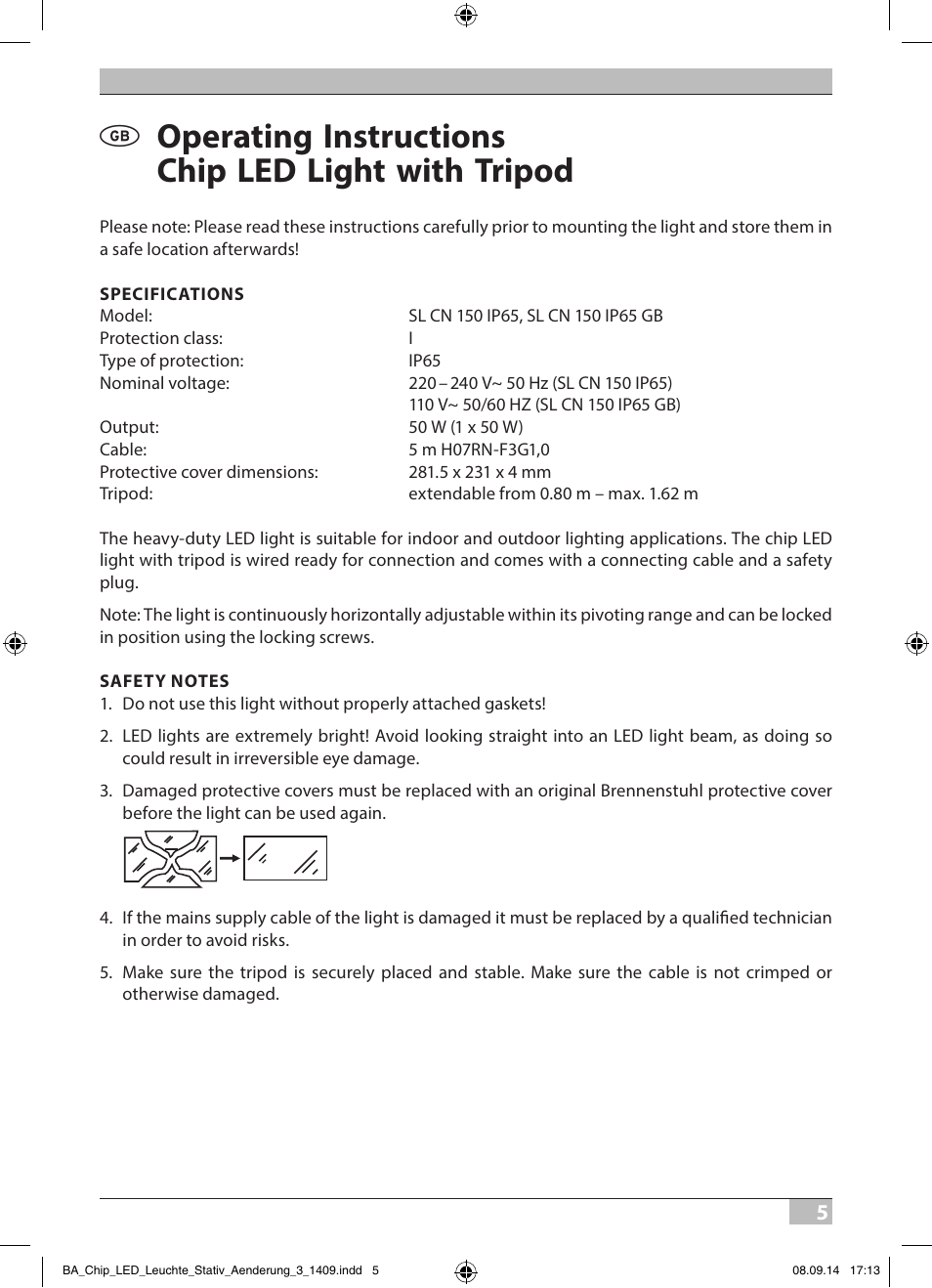 Operating instructions chip led light with tripod | Brennenstuhl COB LED Light SL CN 150 IP65 with tripod 5m H07RN-F 3G1,0 50W 3500lm Energy efficiency class A User Manual | Page 5 / 64