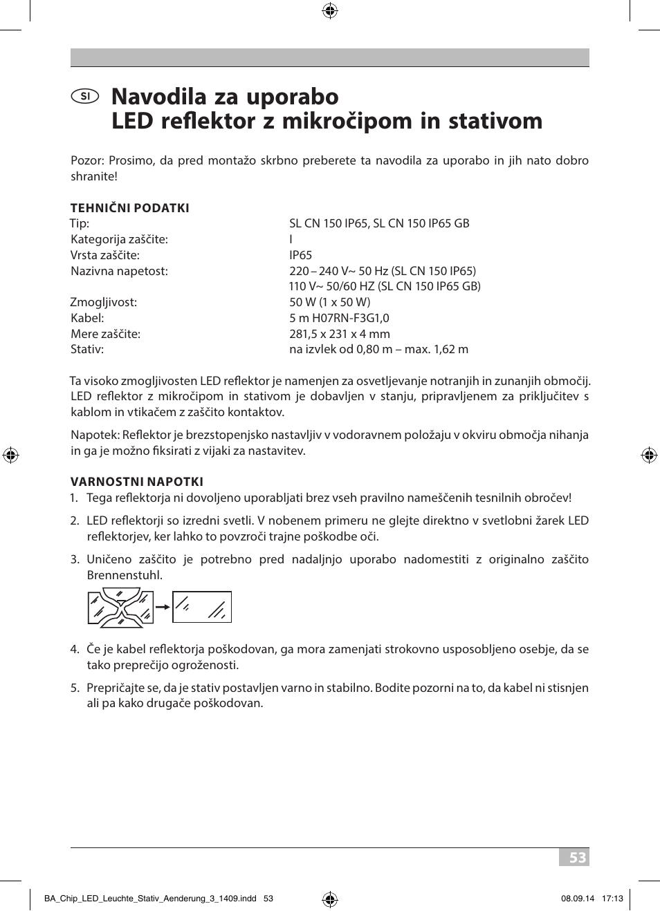 Brennenstuhl COB LED Light SL CN 150 IP65 with tripod 5m H07RN-F 3G1,0 50W 3500lm Energy efficiency class A User Manual | Page 53 / 64