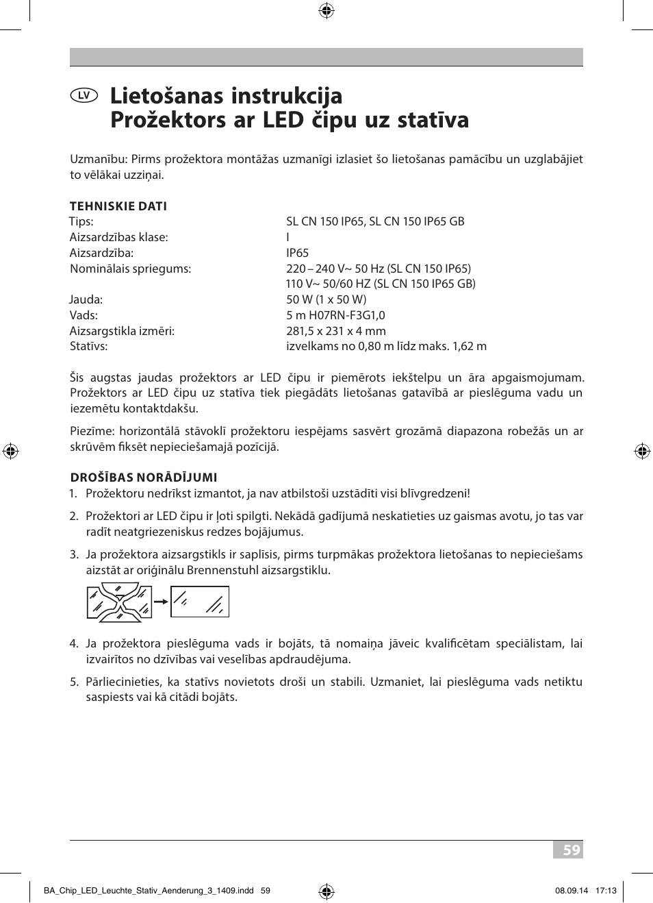 Brennenstuhl COB LED Light SL CN 150 IP65 with tripod 5m H07RN-F 3G1,0 50W 3500lm Energy efficiency class A User Manual | Page 59 / 64