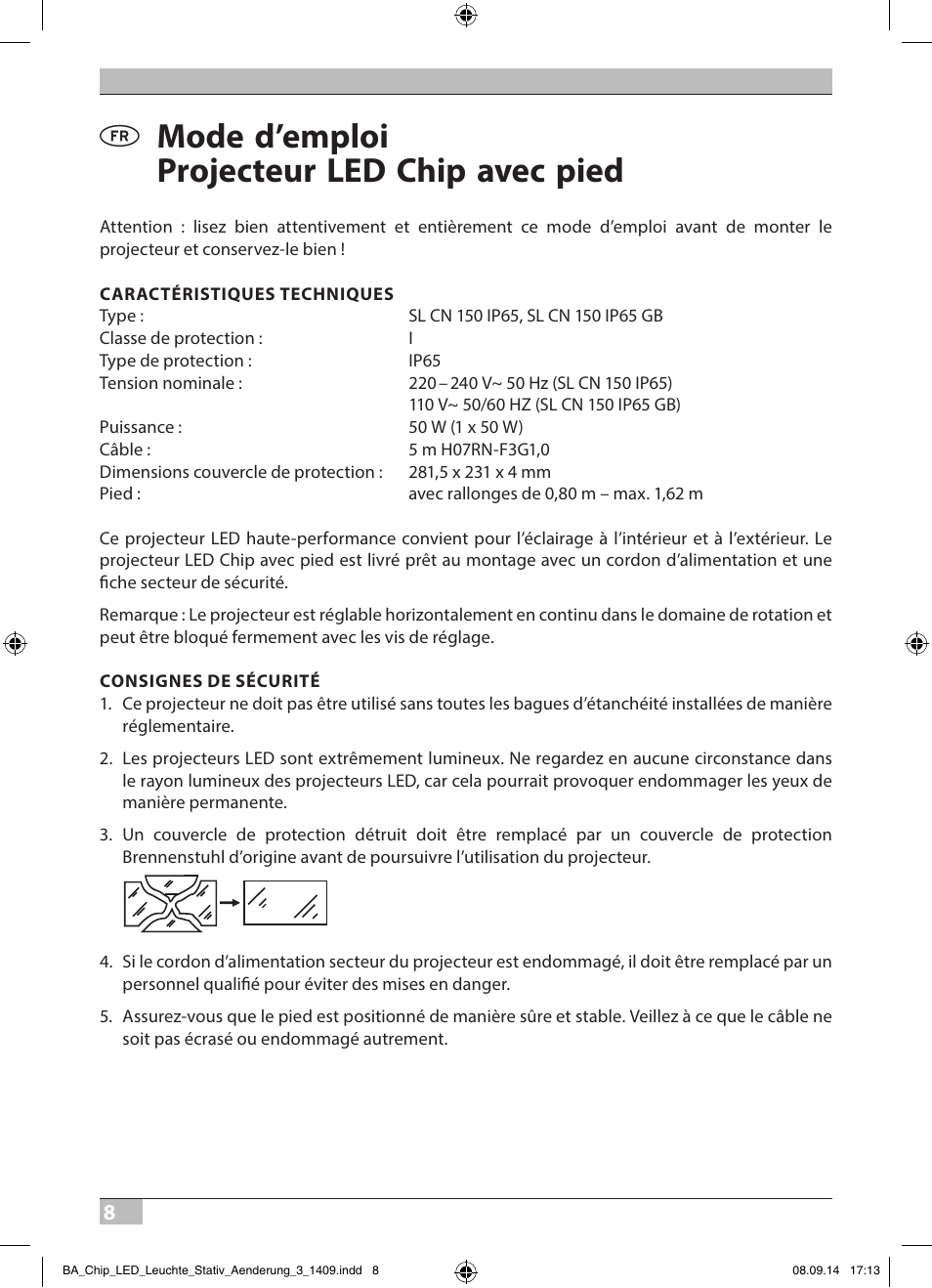 Mode d’emploi projecteur led chip avec pied | Brennenstuhl COB LED Light SL CN 150 IP65 with tripod 5m H07RN-F 3G1,0 50W 3500lm Energy efficiency class A User Manual | Page 8 / 64