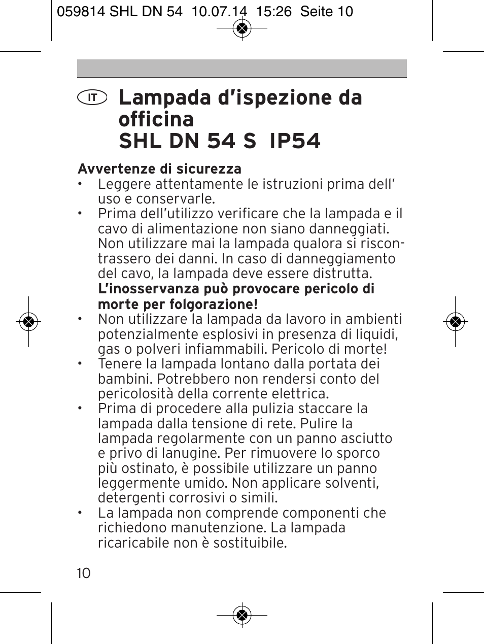 Lampada d’ispezione da officina shl dn 54 s ip54 | Brennenstuhl LED Workshop Inspection Lamp SHL DN 54 S IP 54 5m H05RN-F 2x1,0 User Manual | Page 10 / 44