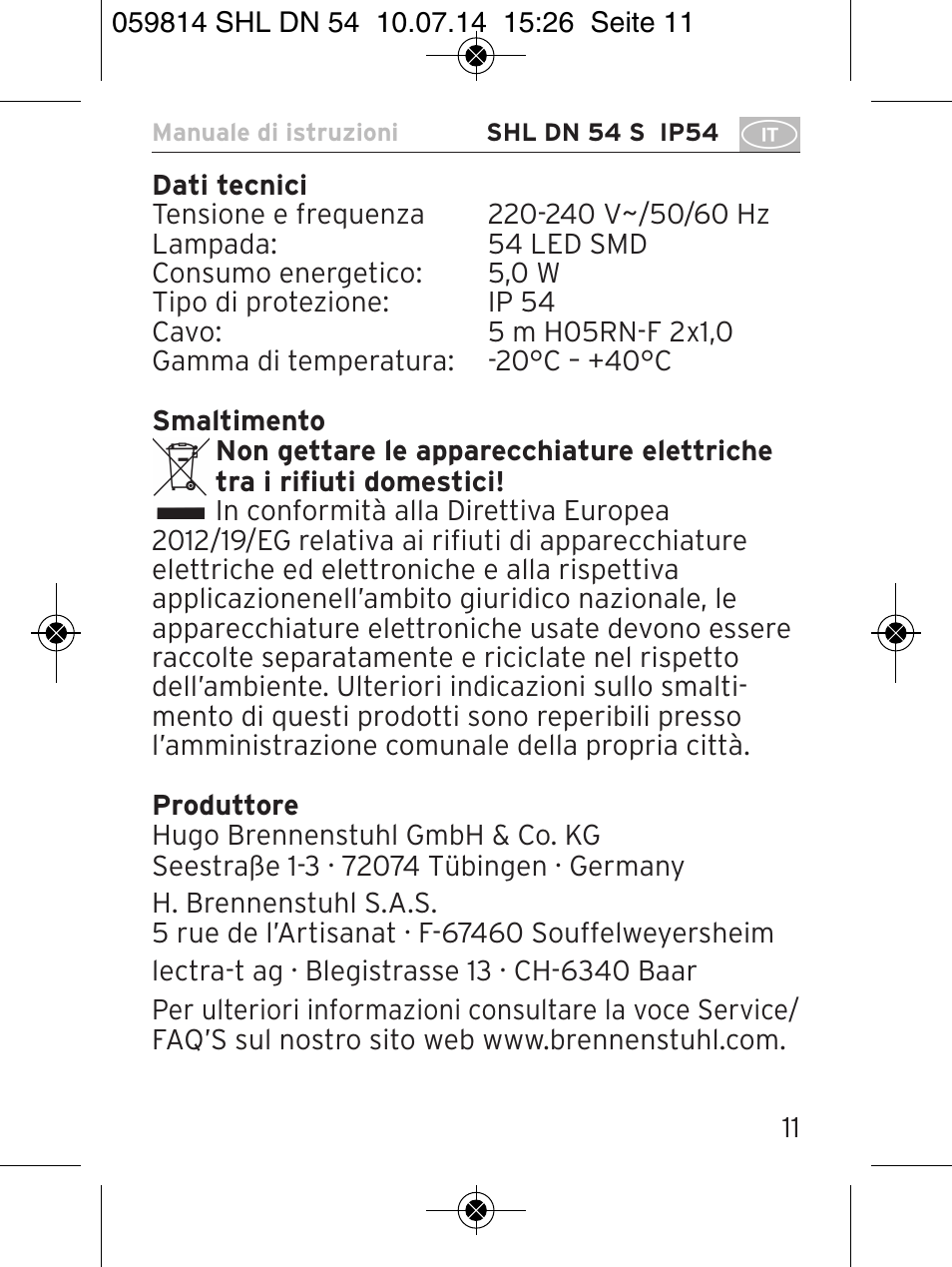 Brennenstuhl LED Workshop Inspection Lamp SHL DN 54 S IP 54 5m H05RN-F 2x1,0 User Manual | Page 11 / 44