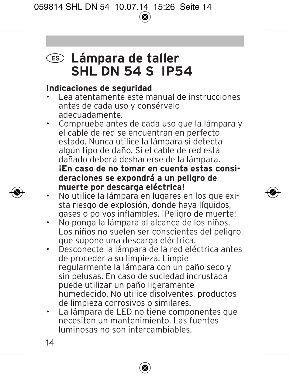 Lámpara de taller shl dn 54 s ip54 | Brennenstuhl LED Workshop Inspection Lamp SHL DN 54 S IP 54 5m H05RN-F 2x1,0 User Manual | Page 14 / 44