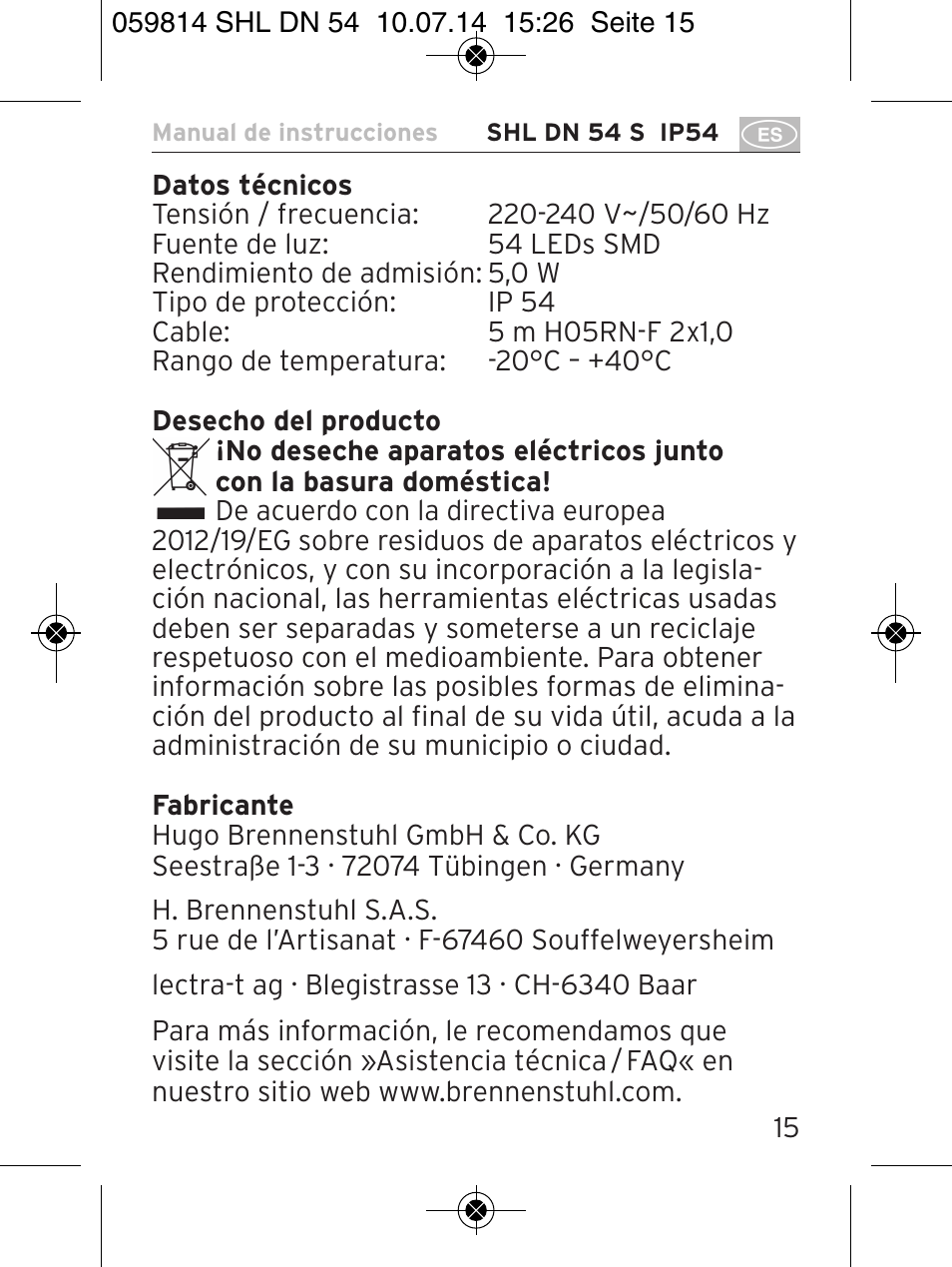 Brennenstuhl LED Workshop Inspection Lamp SHL DN 54 S IP 54 5m H05RN-F 2x1,0 User Manual | Page 15 / 44