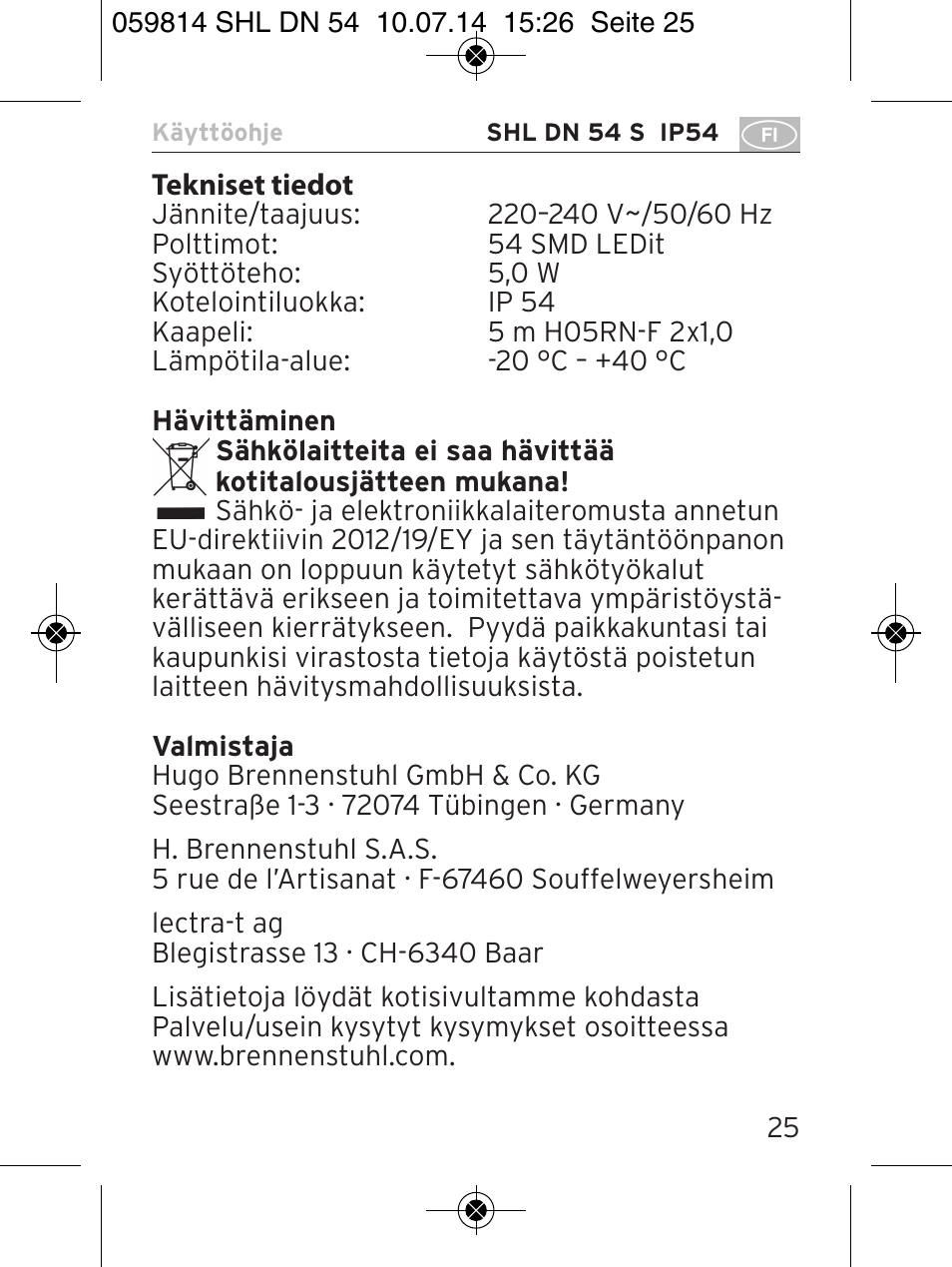 Brennenstuhl LED Workshop Inspection Lamp SHL DN 54 S IP 54 5m H05RN-F 2x1,0 User Manual | Page 25 / 44