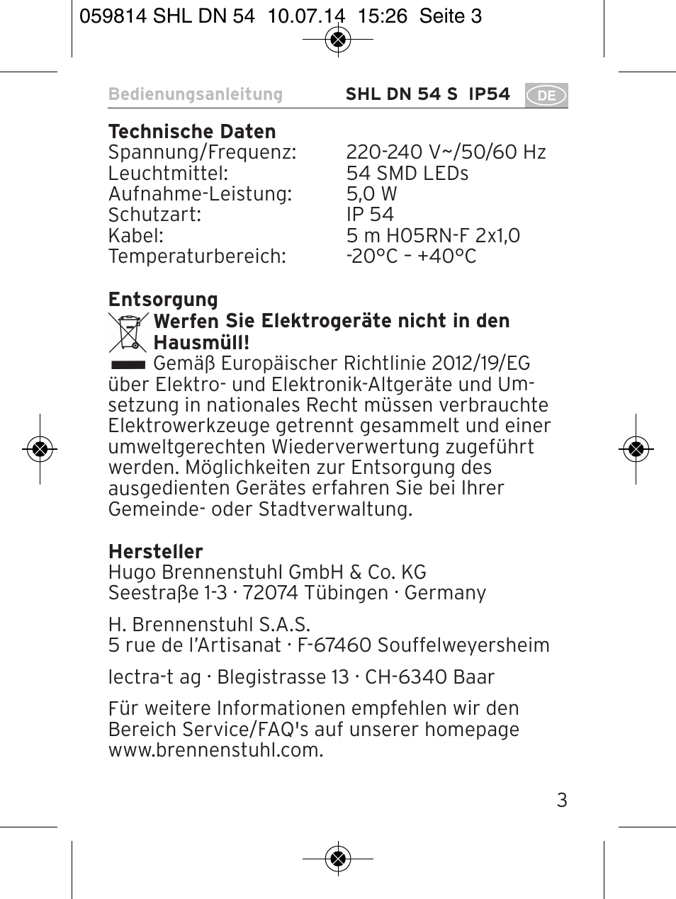 Brennenstuhl LED Workshop Inspection Lamp SHL DN 54 S IP 54 5m H05RN-F 2x1,0 User Manual | Page 3 / 44