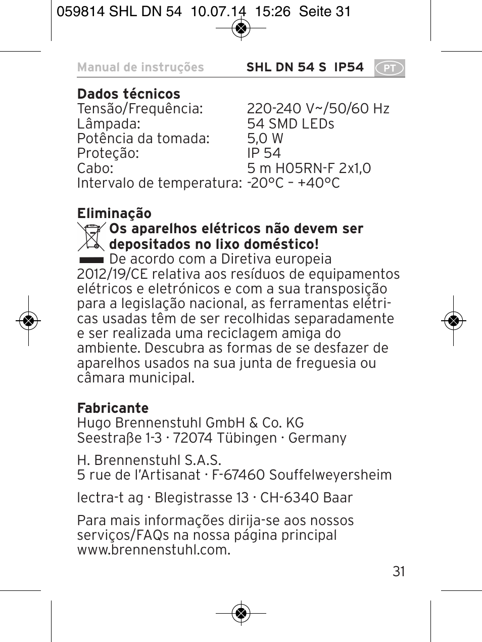 Brennenstuhl LED Workshop Inspection Lamp SHL DN 54 S IP 54 5m H05RN-F 2x1,0 User Manual | Page 31 / 44