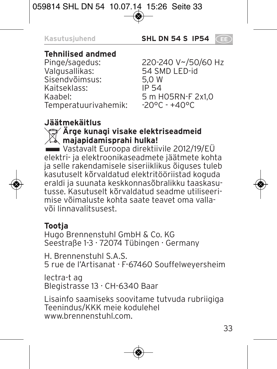 Brennenstuhl LED Workshop Inspection Lamp SHL DN 54 S IP 54 5m H05RN-F 2x1,0 User Manual | Page 33 / 44