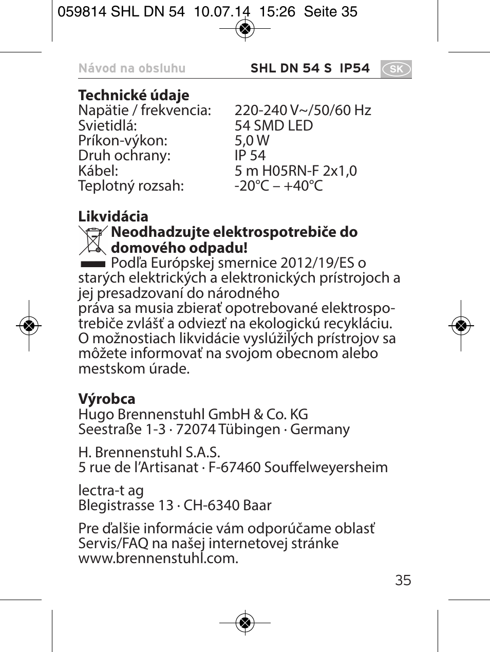 Brennenstuhl LED Workshop Inspection Lamp SHL DN 54 S IP 54 5m H05RN-F 2x1,0 User Manual | Page 35 / 44