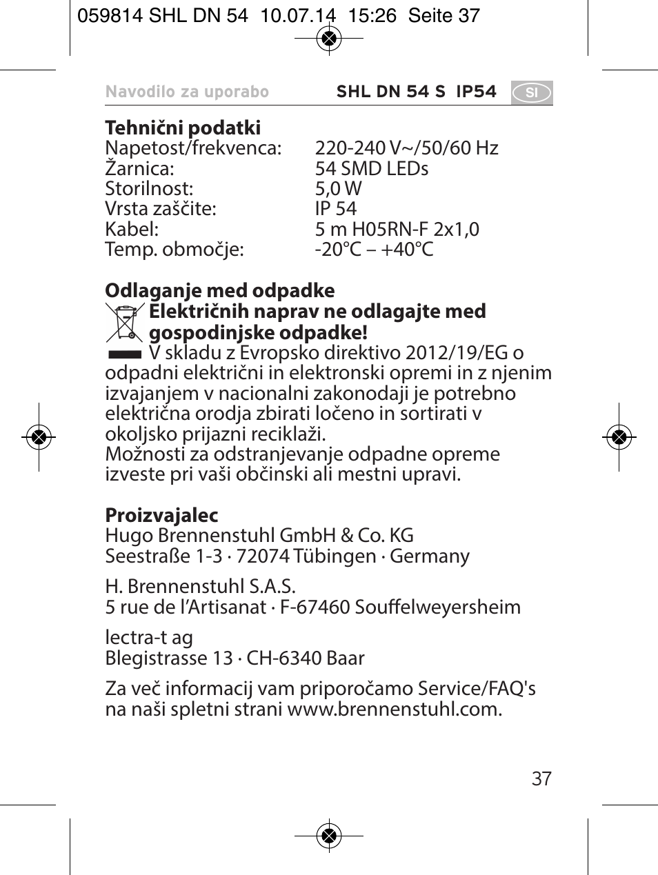 Brennenstuhl LED Workshop Inspection Lamp SHL DN 54 S IP 54 5m H05RN-F 2x1,0 User Manual | Page 37 / 44