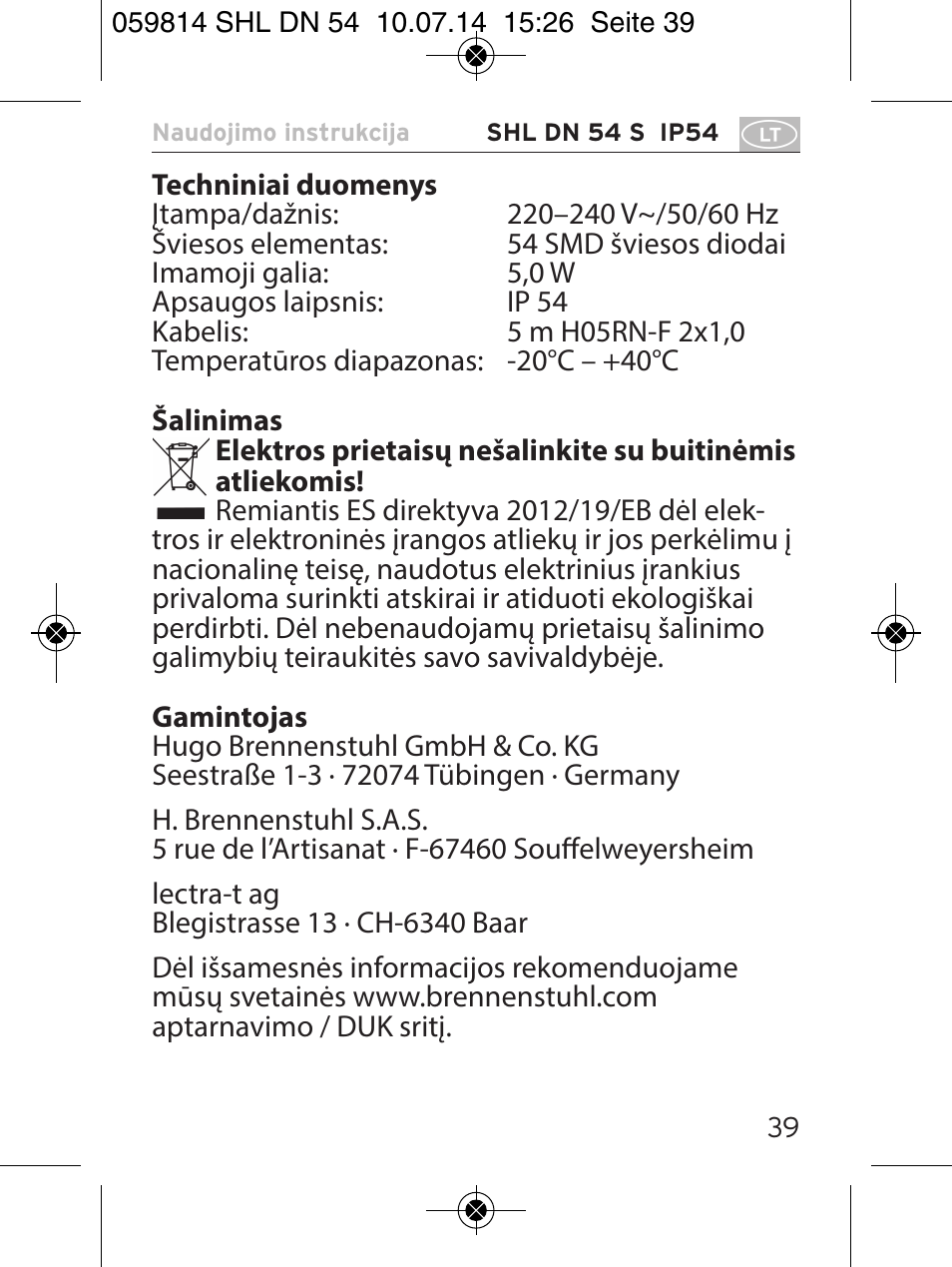 Brennenstuhl LED Workshop Inspection Lamp SHL DN 54 S IP 54 5m H05RN-F 2x1,0 User Manual | Page 39 / 44