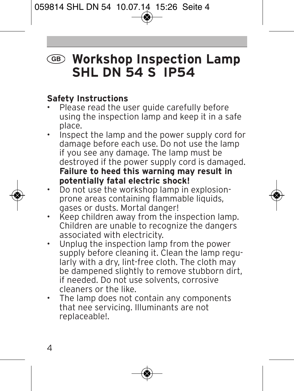 Workshop inspection lamp shl dn 54 s ip54 | Brennenstuhl LED Workshop Inspection Lamp SHL DN 54 S IP 54 5m H05RN-F 2x1,0 User Manual | Page 4 / 44