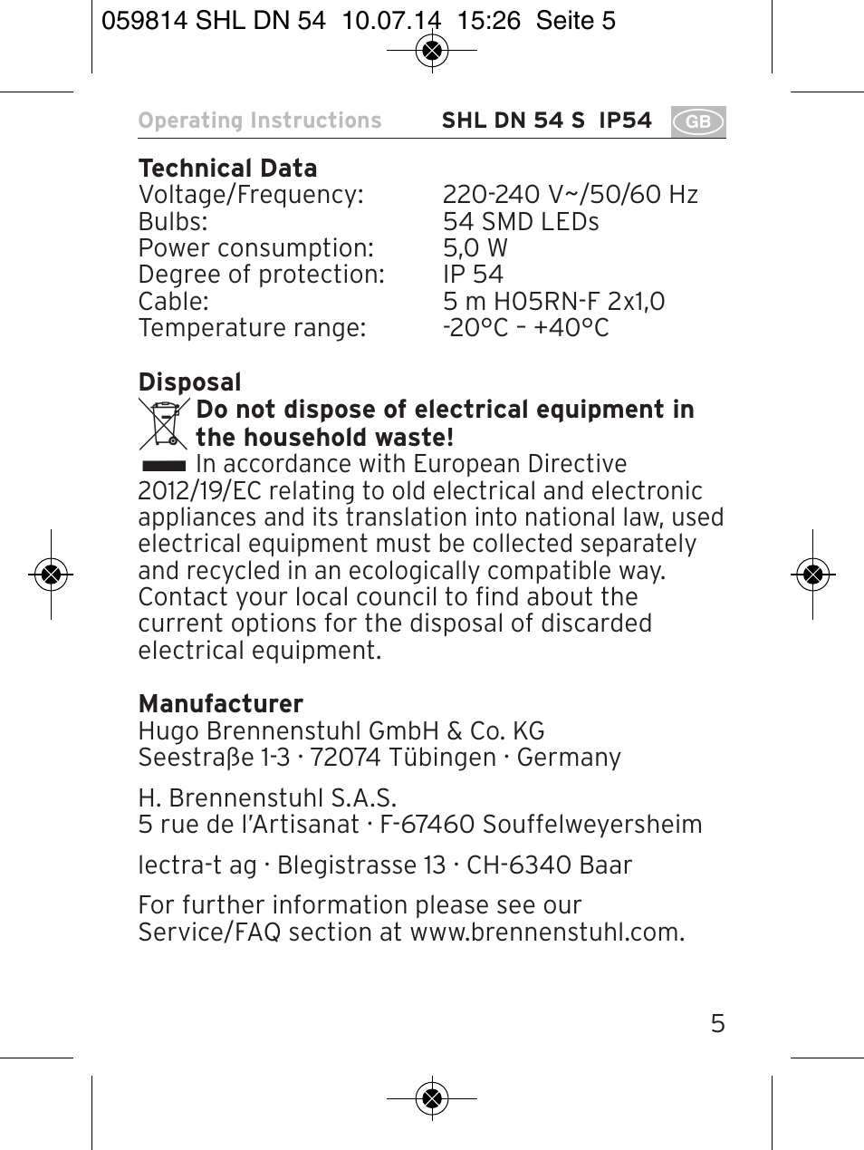 Brennenstuhl LED Workshop Inspection Lamp SHL DN 54 S IP 54 5m H05RN-F 2x1,0 User Manual | Page 5 / 44