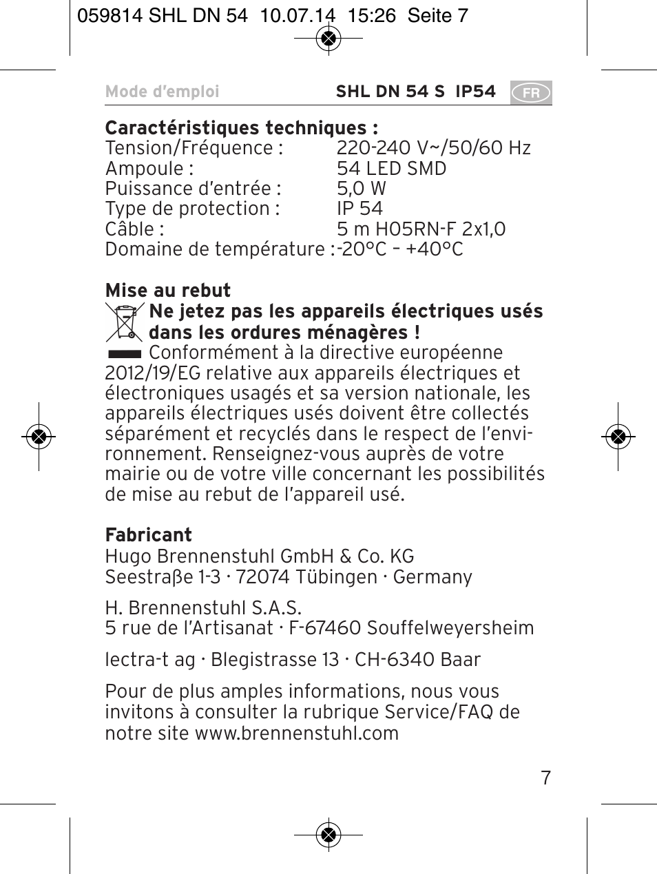 Brennenstuhl LED Workshop Inspection Lamp SHL DN 54 S IP 54 5m H05RN-F 2x1,0 User Manual | Page 7 / 44