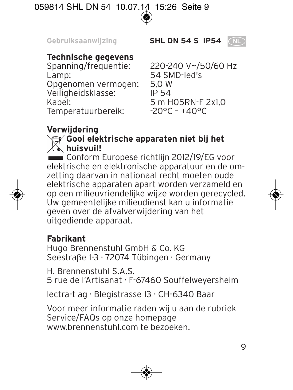 Brennenstuhl LED Workshop Inspection Lamp SHL DN 54 S IP 54 5m H05RN-F 2x1,0 User Manual | Page 9 / 44