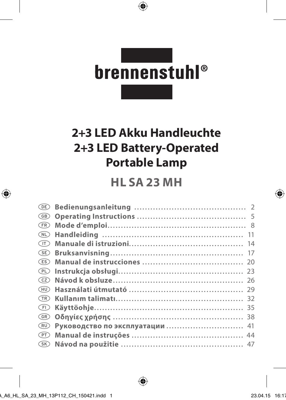 Brennenstuhl 2 + 3 LED Rechargeable Hand Lamp HL SA 23 MH User Manual | 52 pages