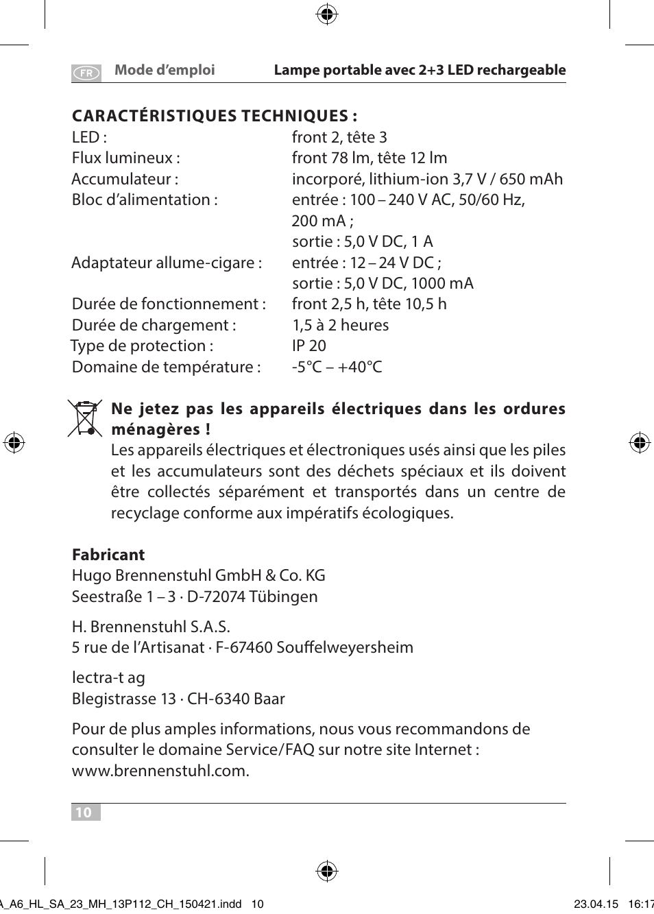 Brennenstuhl 2 + 3 LED Rechargeable Hand Lamp HL SA 23 MH User Manual | Page 10 / 52