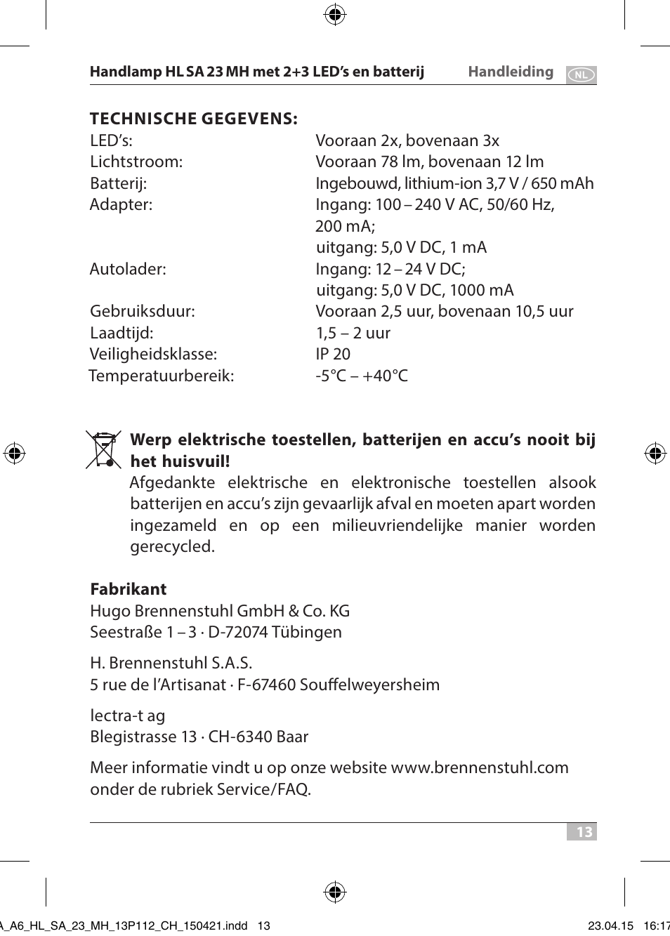Brennenstuhl 2 + 3 LED Rechargeable Hand Lamp HL SA 23 MH User Manual | Page 13 / 52