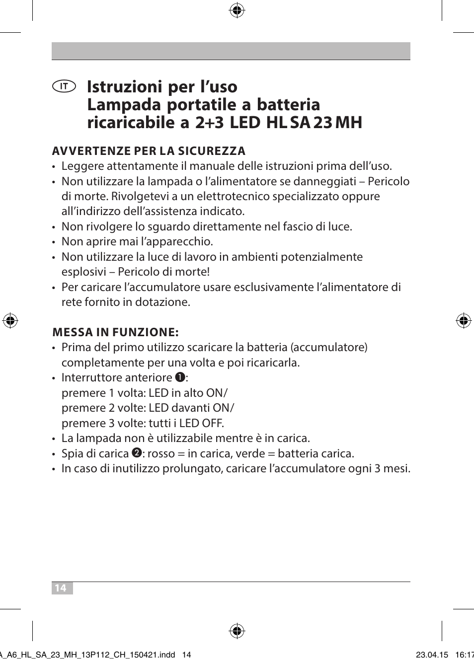 Brennenstuhl 2 + 3 LED Rechargeable Hand Lamp HL SA 23 MH User Manual | Page 14 / 52