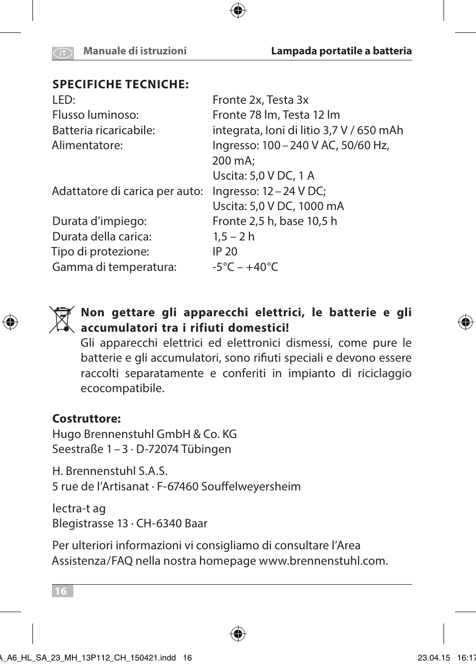 Brennenstuhl 2 + 3 LED Rechargeable Hand Lamp HL SA 23 MH User Manual | Page 16 / 52