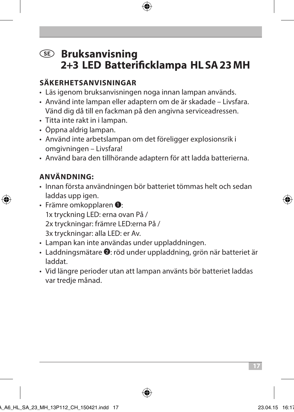 Brennenstuhl 2 + 3 LED Rechargeable Hand Lamp HL SA 23 MH User Manual | Page 17 / 52