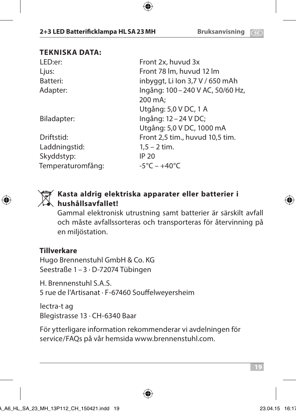 Brennenstuhl 2 + 3 LED Rechargeable Hand Lamp HL SA 23 MH User Manual | Page 19 / 52