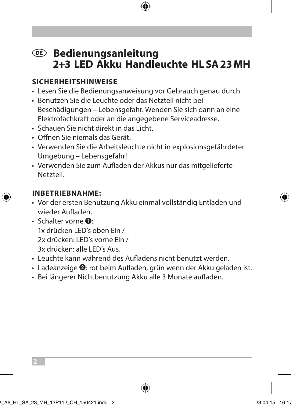 Brennenstuhl 2 + 3 LED Rechargeable Hand Lamp HL SA 23 MH User Manual | Page 2 / 52