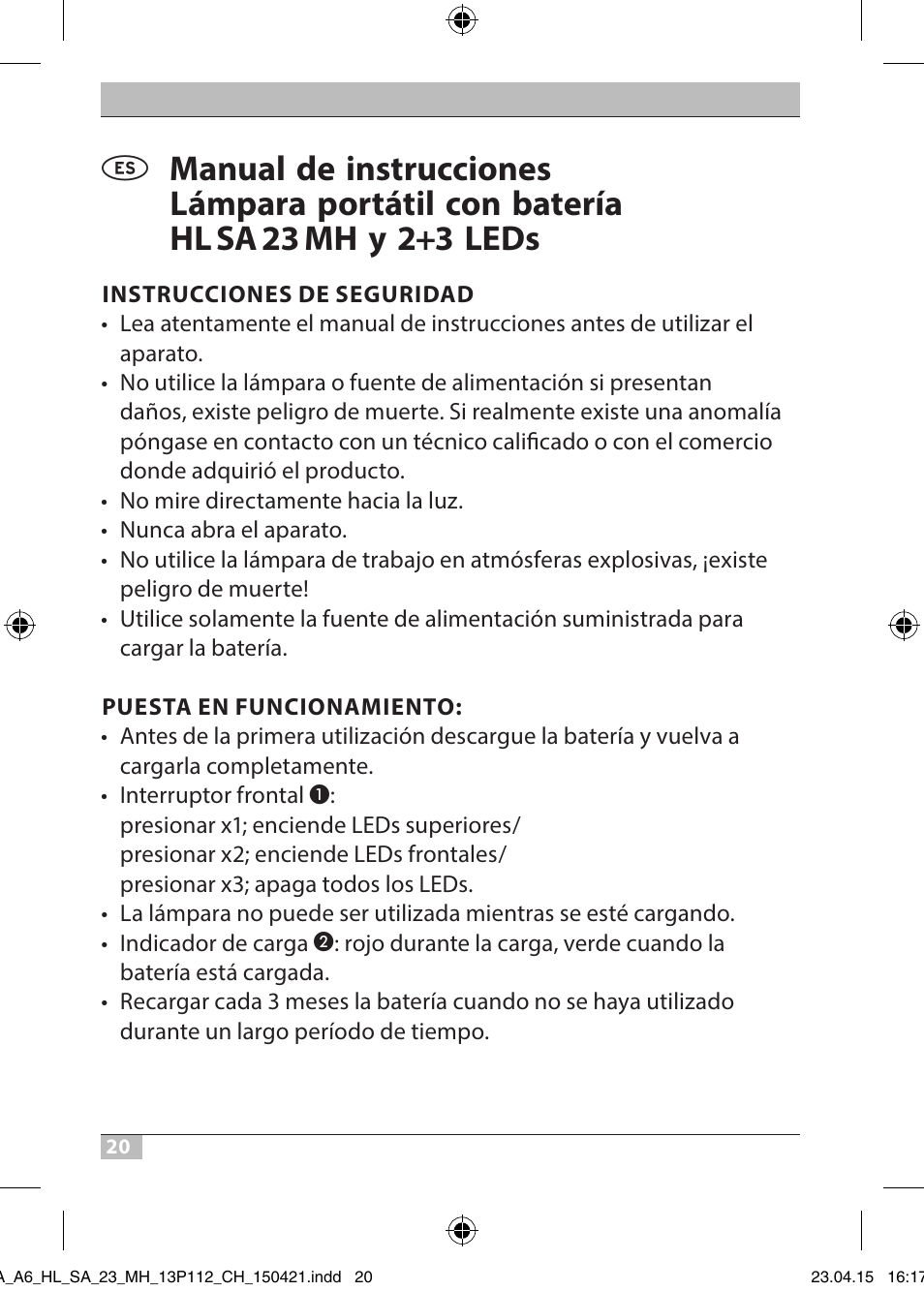 Brennenstuhl 2 + 3 LED Rechargeable Hand Lamp HL SA 23 MH User Manual | Page 20 / 52