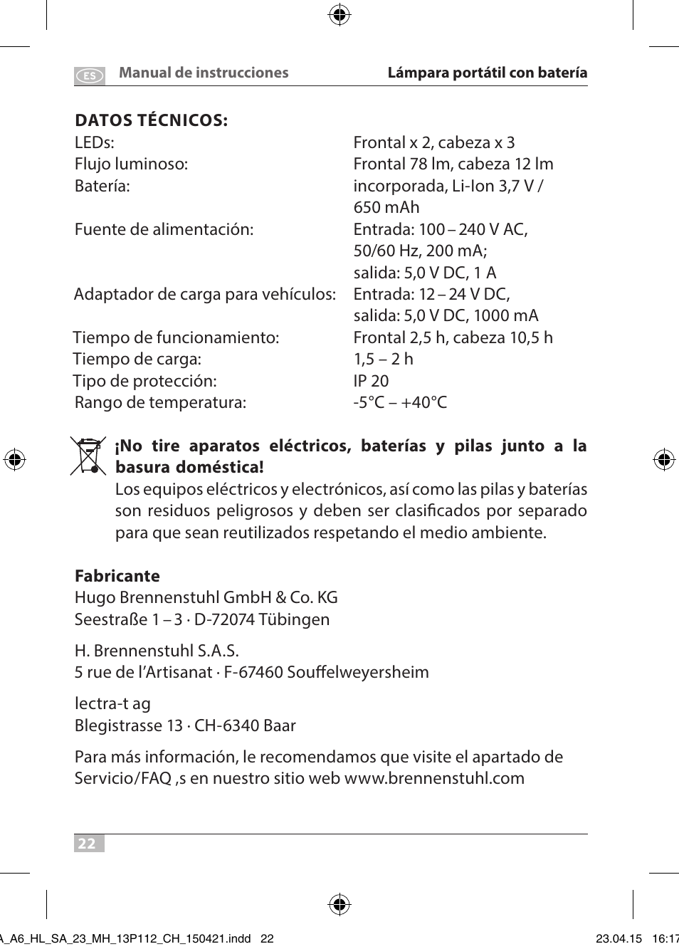 Brennenstuhl 2 + 3 LED Rechargeable Hand Lamp HL SA 23 MH User Manual | Page 22 / 52
