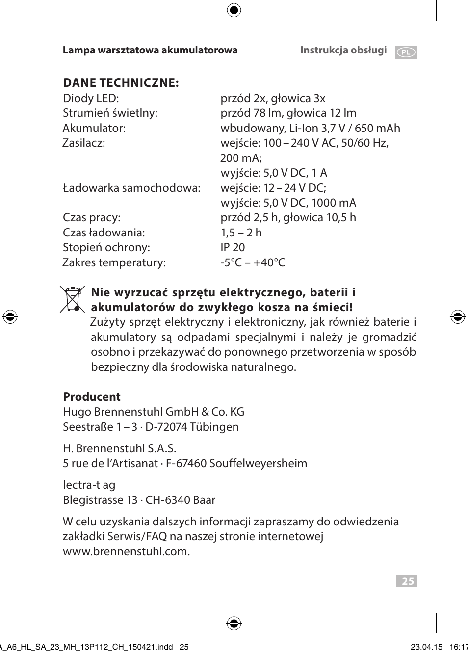 Brennenstuhl 2 + 3 LED Rechargeable Hand Lamp HL SA 23 MH User Manual | Page 25 / 52