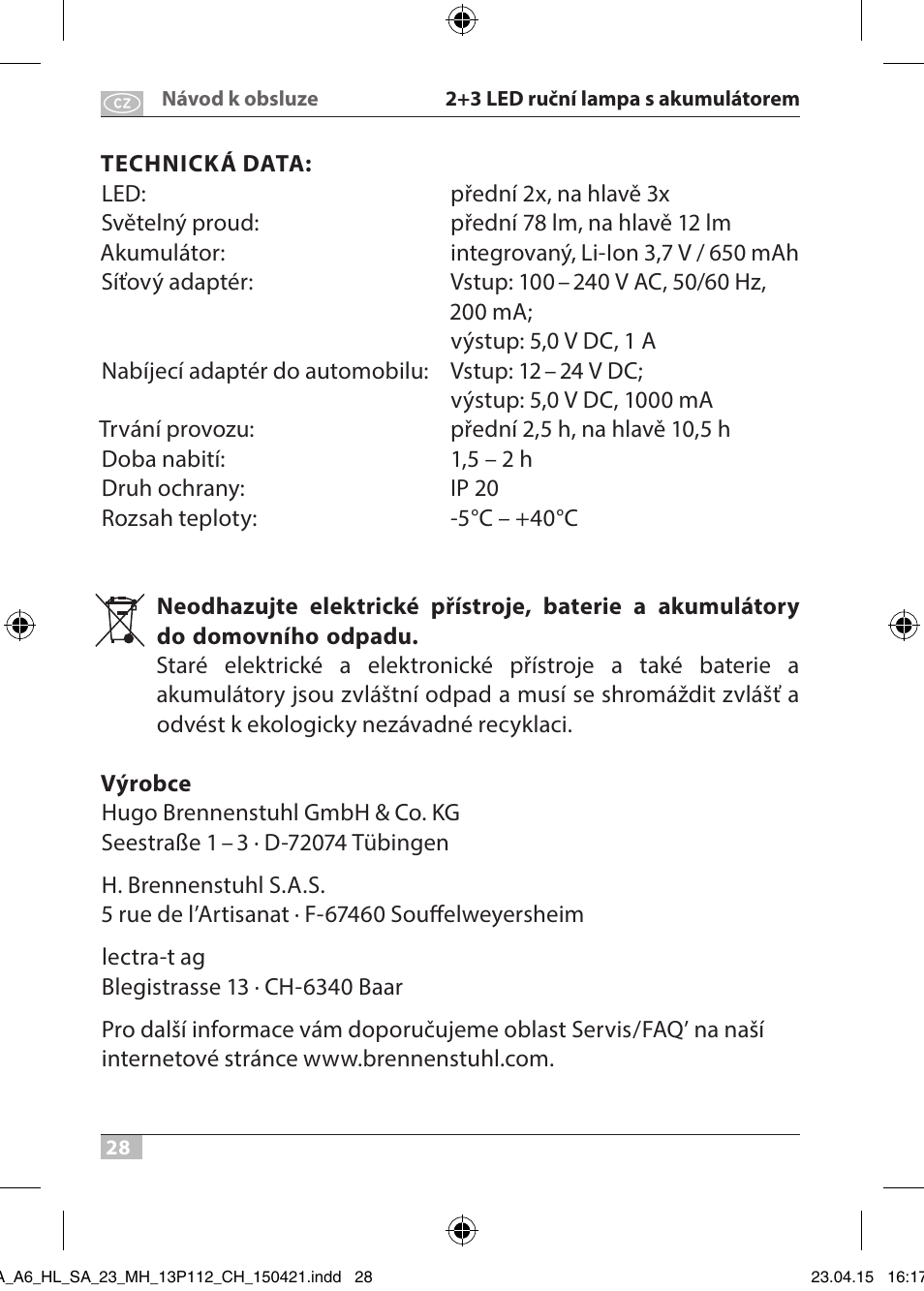 Brennenstuhl 2 + 3 LED Rechargeable Hand Lamp HL SA 23 MH User Manual | Page 28 / 52