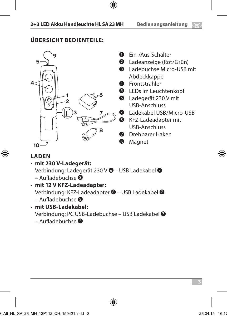 Brennenstuhl 2 + 3 LED Rechargeable Hand Lamp HL SA 23 MH User Manual | Page 3 / 52