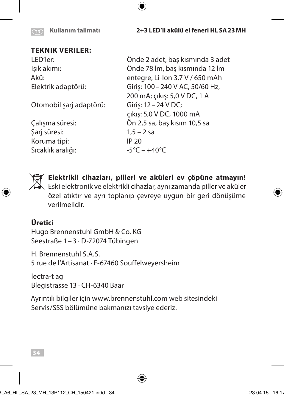 Brennenstuhl 2 + 3 LED Rechargeable Hand Lamp HL SA 23 MH User Manual | Page 34 / 52