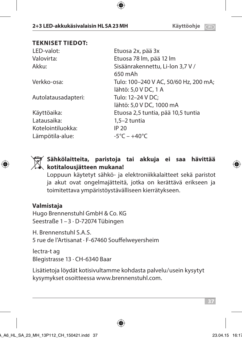 Brennenstuhl 2 + 3 LED Rechargeable Hand Lamp HL SA 23 MH User Manual | Page 37 / 52