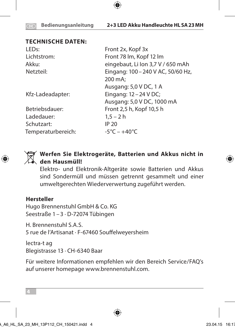 Brennenstuhl 2 + 3 LED Rechargeable Hand Lamp HL SA 23 MH User Manual | Page 4 / 52