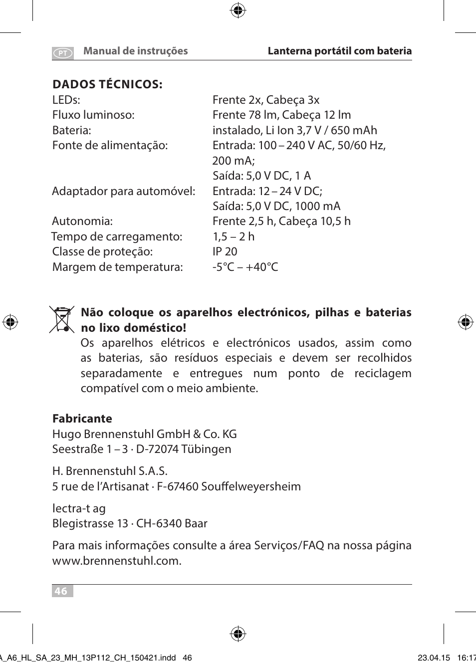 Brennenstuhl 2 + 3 LED Rechargeable Hand Lamp HL SA 23 MH User Manual | Page 46 / 52