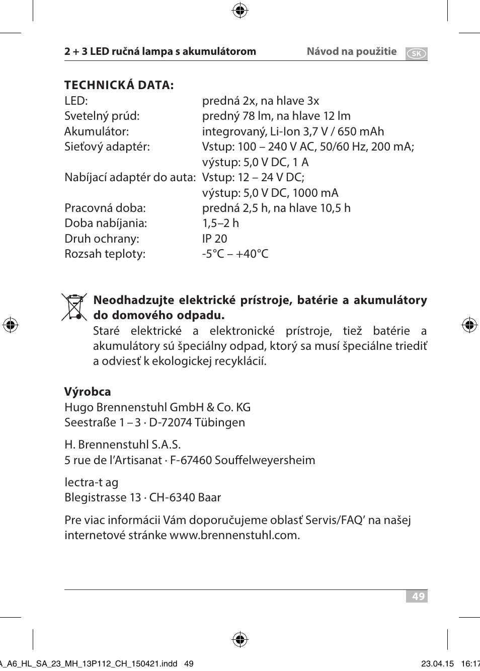 Brennenstuhl 2 + 3 LED Rechargeable Hand Lamp HL SA 23 MH User Manual | Page 49 / 52
