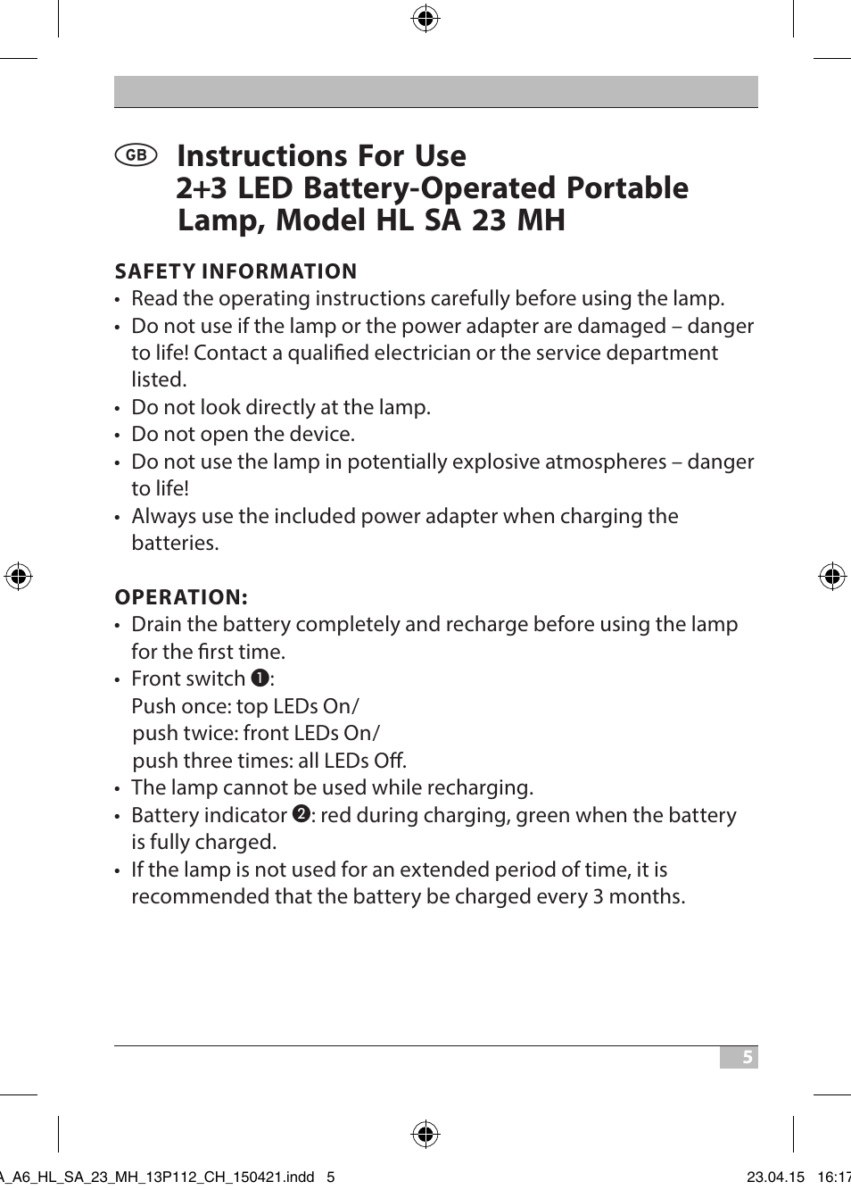 Brennenstuhl 2 + 3 LED Rechargeable Hand Lamp HL SA 23 MH User Manual | Page 5 / 52