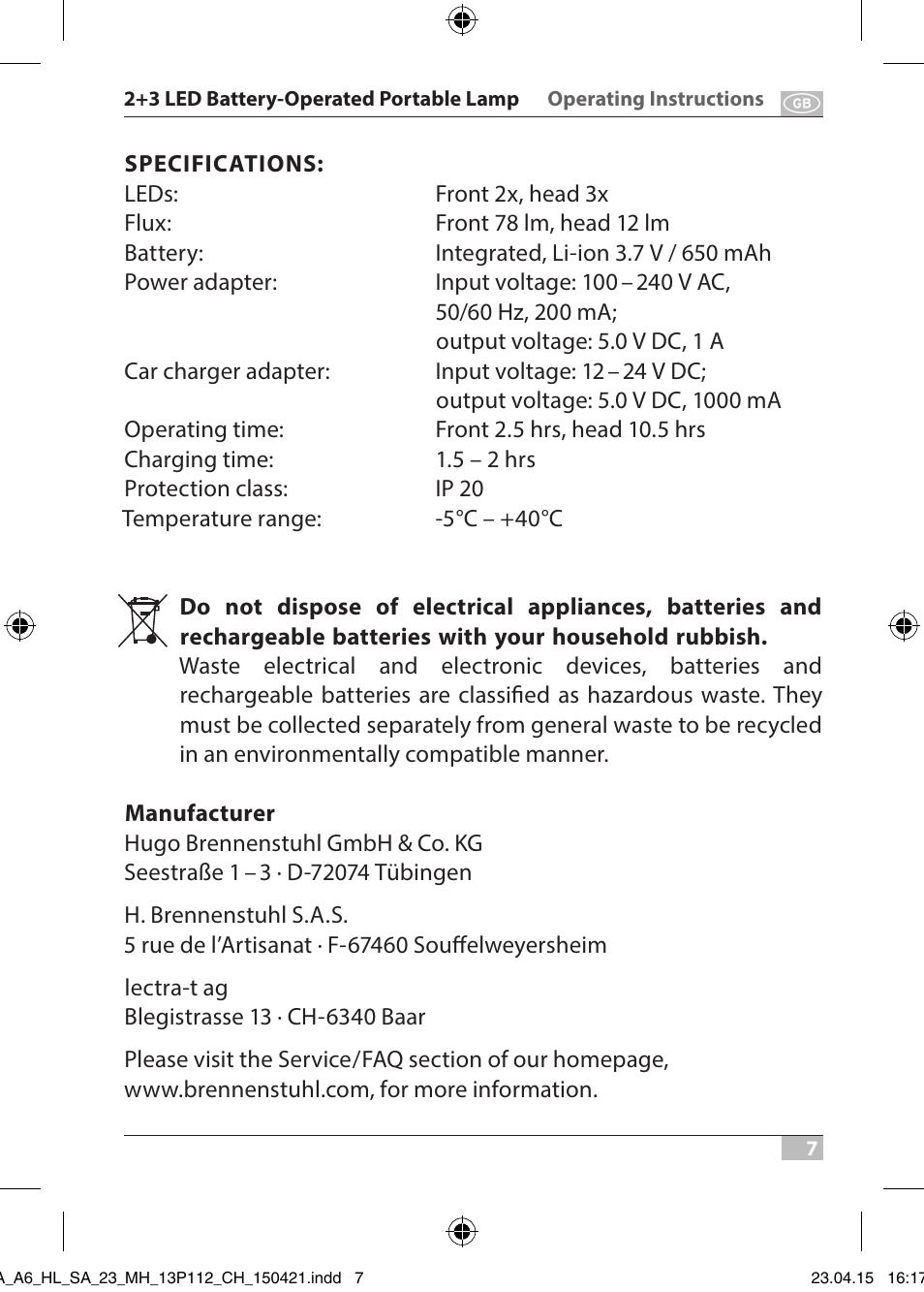 Brennenstuhl 2 + 3 LED Rechargeable Hand Lamp HL SA 23 MH User Manual | Page 7 / 52