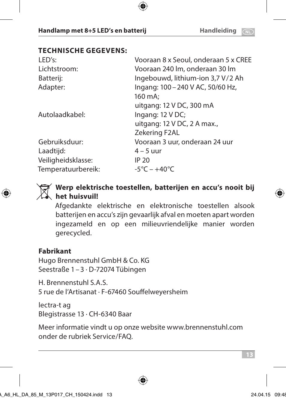 Brennenstuhl 8+5 LED Akku Hand Lamp HL DA 85 M 240lm 6000K 3h User Manual | Page 13 / 52